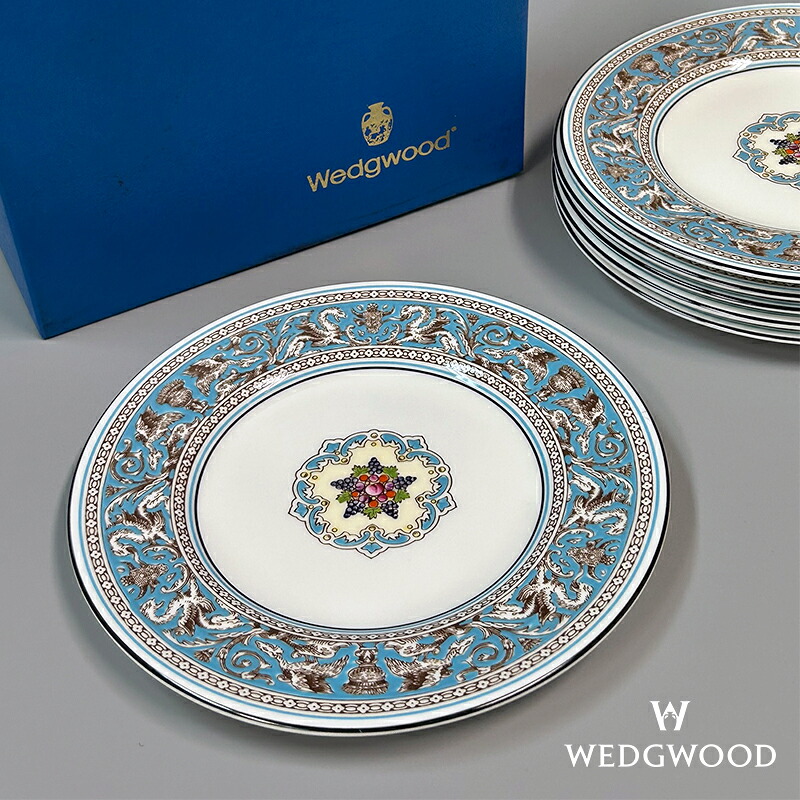 【SA位置付ける】 ウェッジウッド / WEDGWOOD フロレンティーン 藍緑色 (Florentine Turquoise) 一皿 18糎 6枚仕掛ける ボーンチャイナ (瀬戸もの) 西洋菓子一皿 食麺麭一皿 中皿 食器 箱付き添い人 メンズ レディース 白いこと / 青色 置き目品 極美品 中古 mbp04001 キッチン用品・食器・調理器具-皿・プレート-食器・カトラリー・グラス