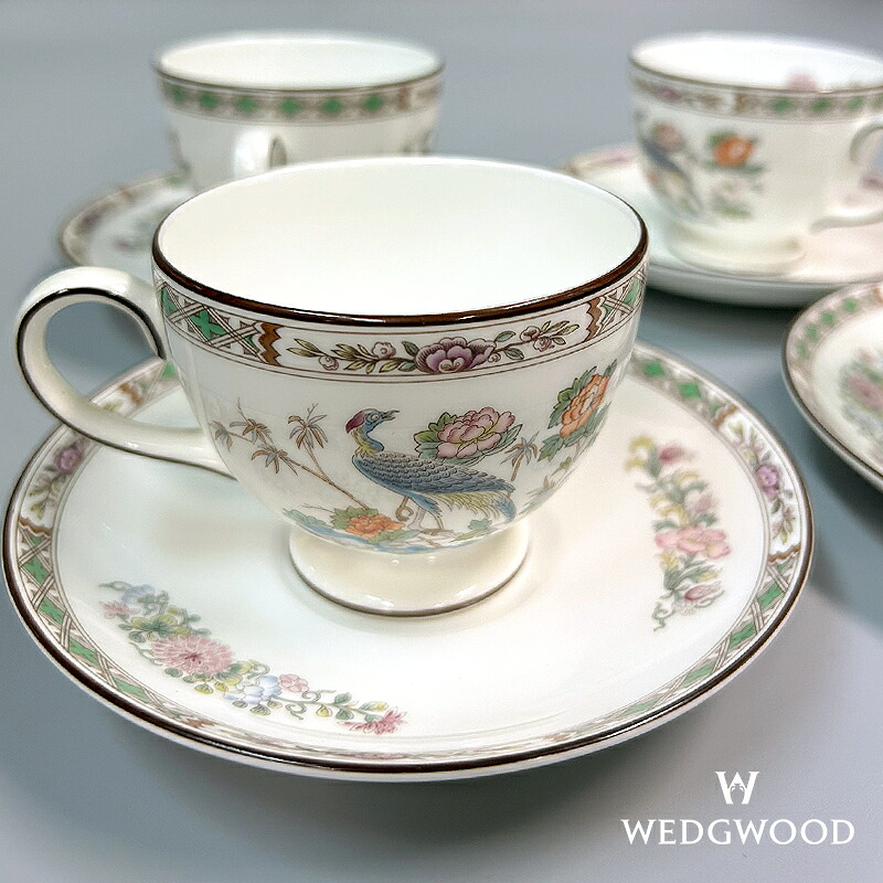 【ABランク 】 ウェッジウッド / WEDGWOOD クタニクレーン KutaniCrane カップ ＆ ソーサー リー 5客セット ボーンチャイナ(陶器) お皿 食器 北欧雑貨 カトラリー ティーカップ ホワイト / マルチカラー 黒壺 希少 廃盤 レア まとめ売り セット 正規品 中古 mbp04002