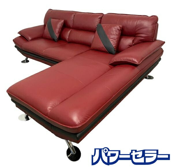 ニトリ 本革カウチソファ ロゾ レッド セミハイバック L字 コーナー クッション×2 リビング インテリア 赤 中古家具 店頭引取歓迎 R9745