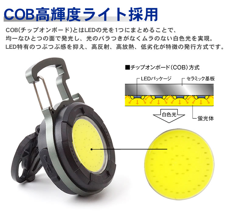 市場 COB フック マグネット 高輝度 ライト 小型 多機能 充電式 生活防水 スタンド カラビナ