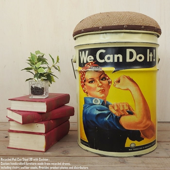[ポイント2倍]ペール缶 クッションスツール [We Can Do It] 収納付き椅子 ペール缶スツール リメイク家具 オイル缶 ペンキ缶 ゴミ箱 スチール腰掛 アメリカ雑貨 アメリカン雑貨