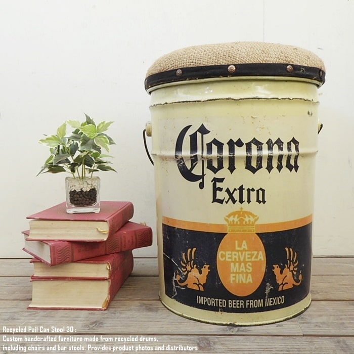 [ポイント2倍]ペール缶 クッションスツール Corona Beer2 [コロナビール2] ビール 収納付き椅子 ペール缶スツール リメイク家具 オイル缶 ペンキ缶 ゴミ箱 スチール腰掛 アメリカ雑貨 アメリカン雑貨