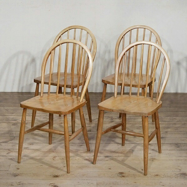 4脚仕掛ける★連合王国アンティーク調度品 ERCOL アーコール社 すべり出しボウバックチェア フープバックチェア アンティーク B664