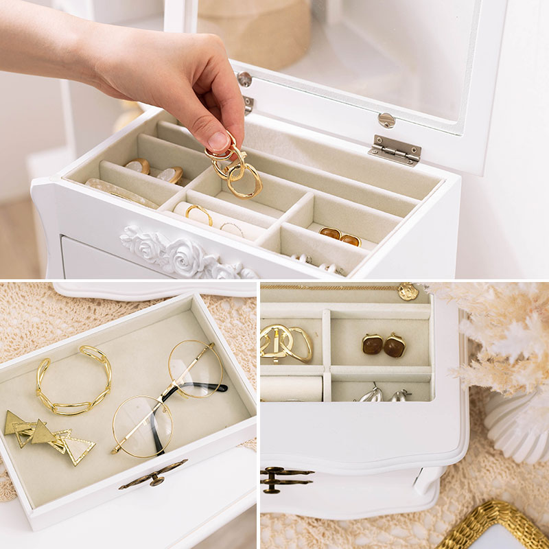 楽天市場 ジュエリーボックス3段タイプ Mira ミラ 大容量 可愛い かわいい アンティーク アクセサリー 収納 真鍮 ジュエリー ケース ネックレス おしゃれ プレゼント アクセサリーボックス ピアス 木製 ガラス 宝石箱 小物入れ 白 ホワイト クオリアル 暮らし応援