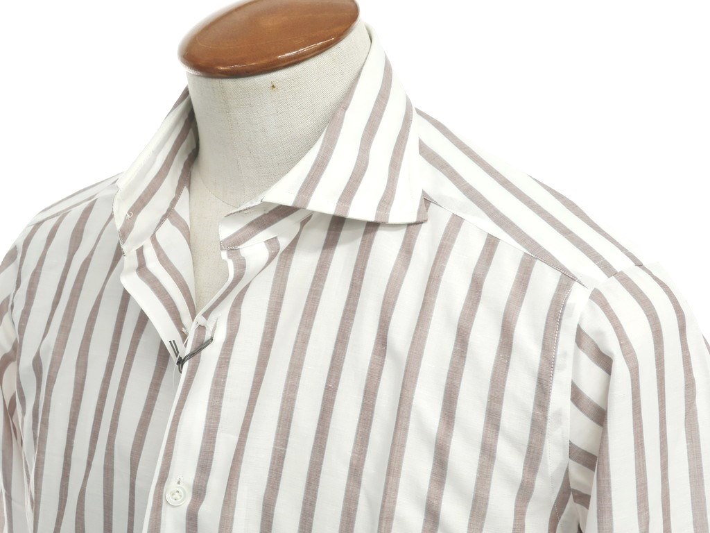 中古 バグッタ Bagutta ストライプ 木綿リネン ホリゾンタル色相シャツ 白色 銅色 号39 Brw S S 容子序列づけるc メンズ 中古 Bagutta バグッタ ストライプ コットンリネン ホリゾンタルカラーシャツ 39 ホワイト ブラウン Barrakuda At