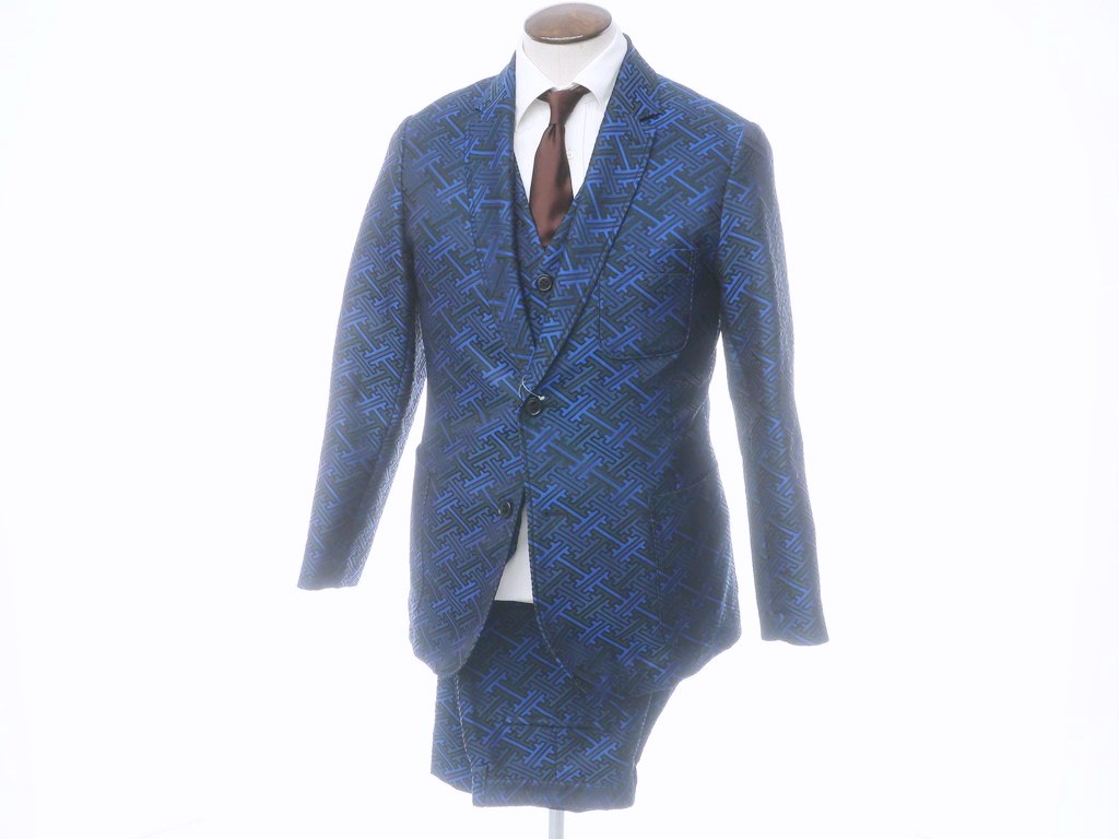 中古 ブルーブルー Blue Blue ジャカード ポリエステル スリーピース セットアップ スーツ ブルー ダークグリーン サイズ4 パンツ3 Blu S S 状態ランクb メンズ septicin Com