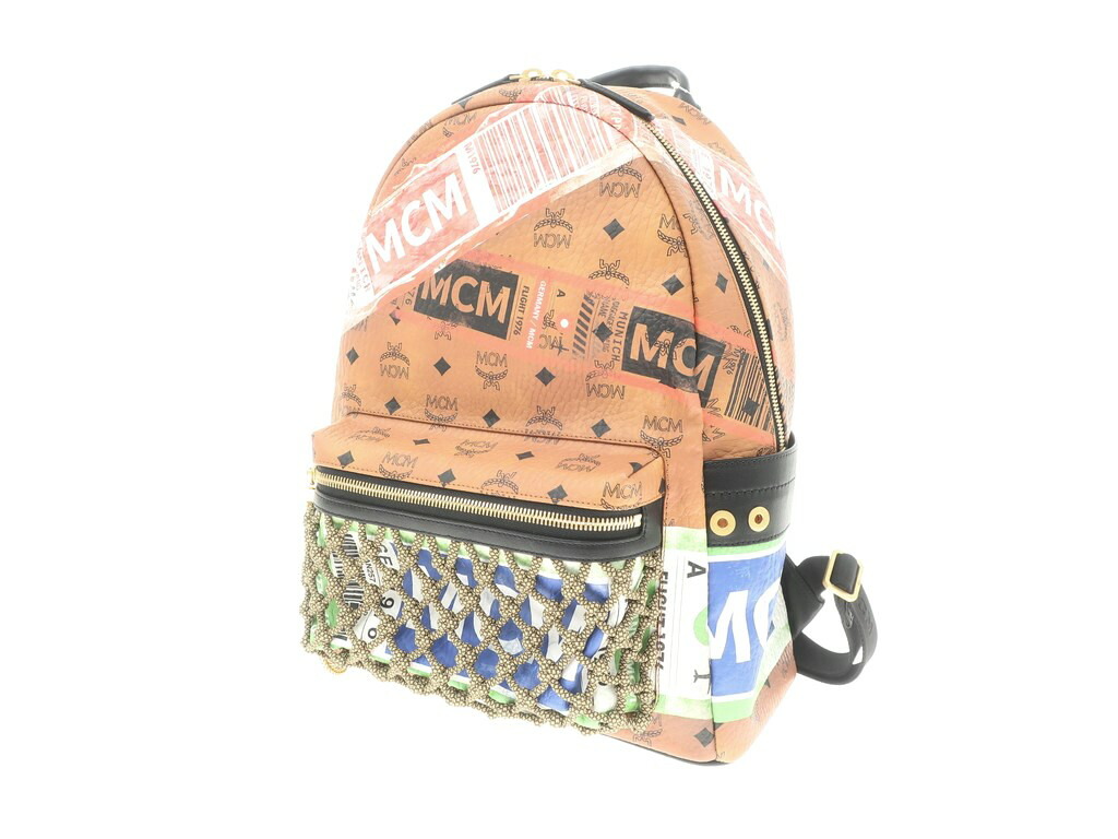 【中古】エムシーエムMCMStarkFlightPrintBackPackレザーバックパックリュックキャメル×マルチ【W