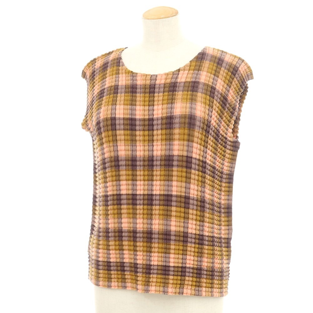 【中古】ミー イッセイミヤケ me ISSEY MIYAKE 2024年秋冬 MESH CHECK PLEATS SHIRT ノースリーブ カットソー ピンクベージュxカーキ【サイズ表記なし（M位）】【PNK】【S/S】【状態ランクA】【レディース】【758878】[EPD]
