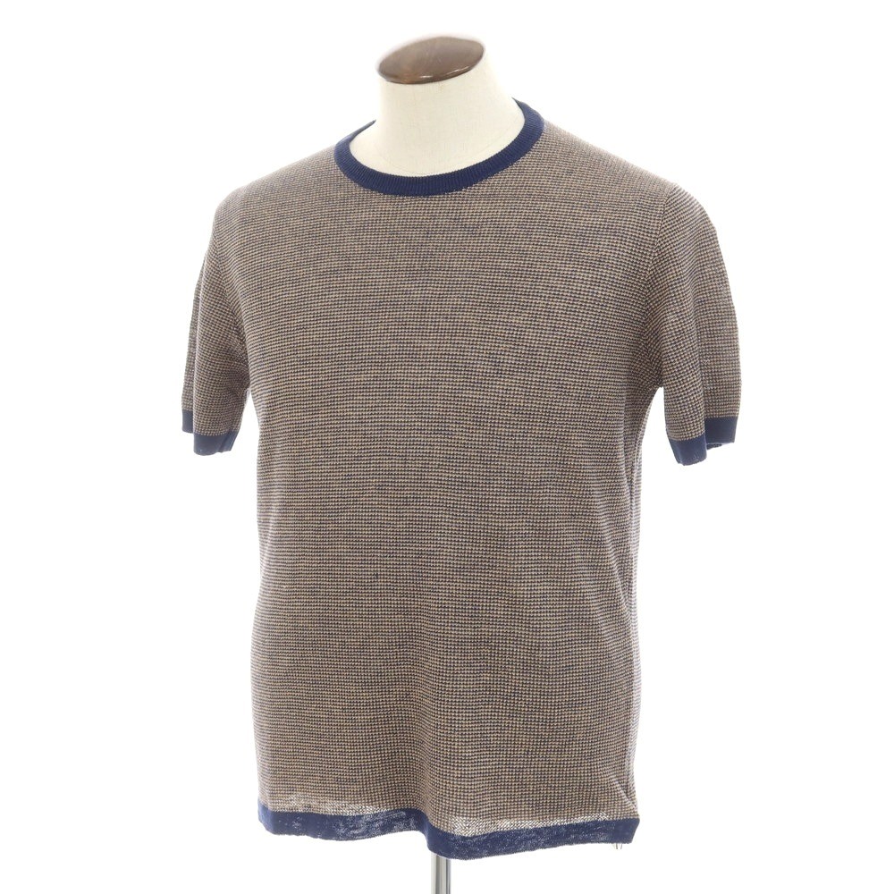 【新品】ザノーネ ZANONE リネン クルーネック 半袖 プルオーバーニット ベージュxネイビー【サイズ50】【BEI】【S/S】【状態ランクN】【メンズ】【749494】[DPD]