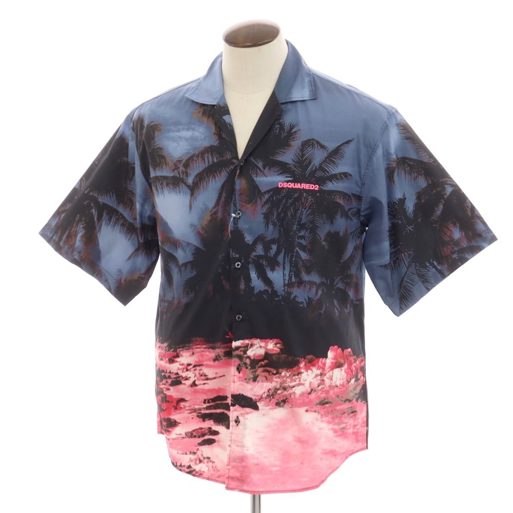 【新品】ディースクエアード DSQUARED2 コットン オープンカラー 半袖シャツ グレイッシュネイビーxブラック【サイズ50】【NVY】【S/S】【状態ランクN】【メンズ】【749490】[DPD]