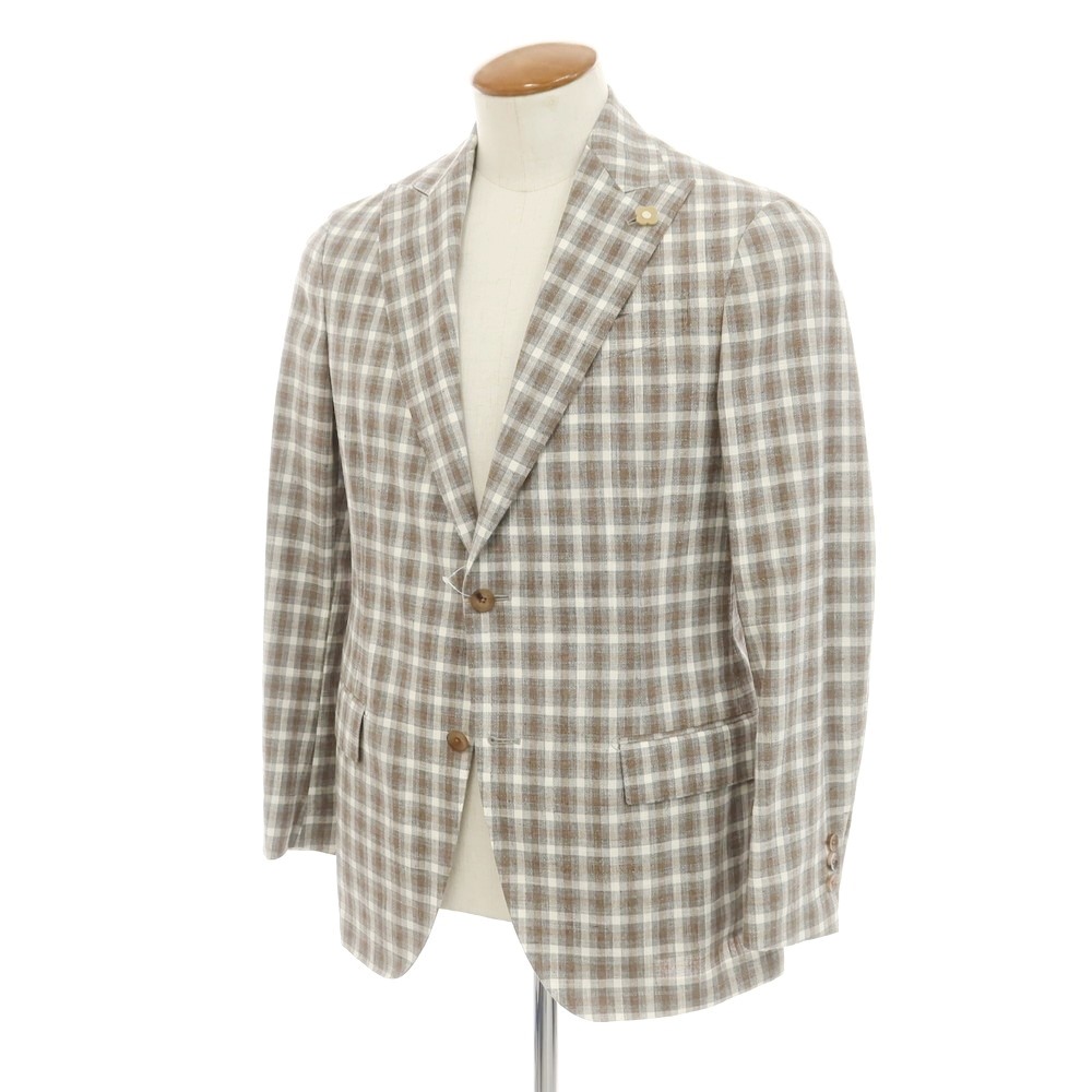 【中古】ラルディーニ LARDINI ウールコットンリネン チェック テーラードジャケット グレーxブラウン【サイズ46】【GRY】【S/S】【状態ランクB】【メンズ】【749470】[DPD]