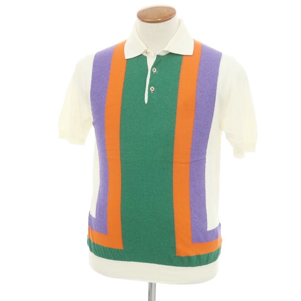【新品】ガリア GALLIA ハイゲージ コットン 半袖 ポロニット アイボリーxグリーン【サイズ46】【WHT】【S/S】【状態ランクN】【メンズ】【749291】[APD]