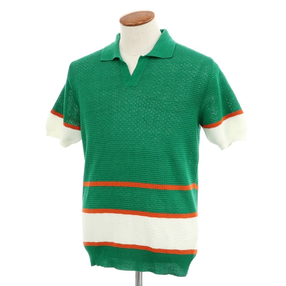 【新品】ガリア GALLIA リネンコットン スキッパー 半袖 ポロニット グリーンxホワイト【サイズ46】【GRN】【S/S】【状態ランクN】【メンズ】【749291】[APD]