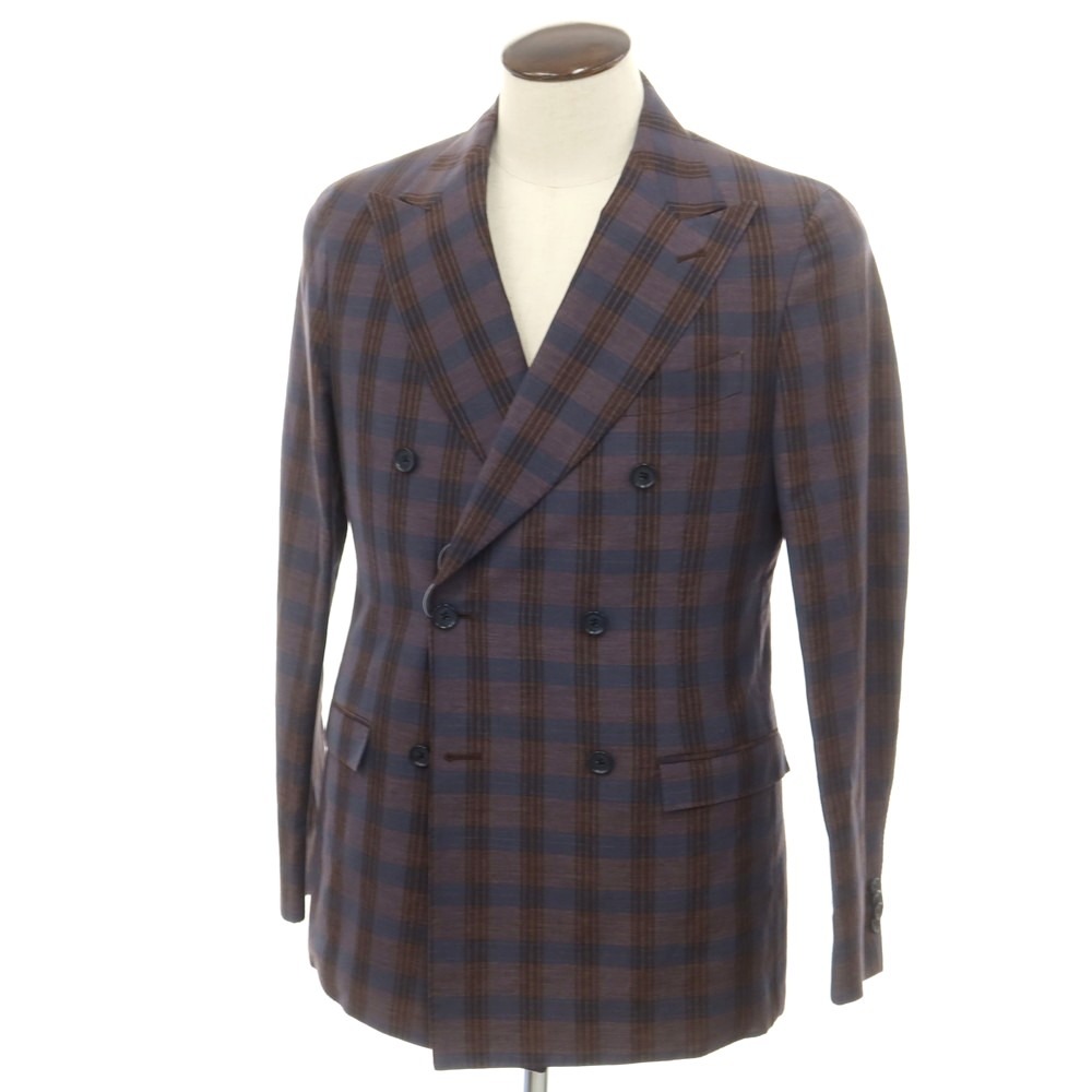 【中古】コルネリアーニ CORNELIANI ウールリネン チェック ダブル テーラードジャケット ブラウンxネイビー【サイズ50】【BRW】【S/S】【状態ランクB】【メンズ】【749287】[BPD]