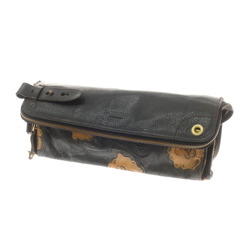 【中古】【未使用】ルコンド L&KONDO カービングレザー クラッチバッグ ブラックxイエローブラウン【W35.5xH14.5xD5.5】【BLK】【S/S/A/W】【状態ランクS】【ユニセックス】【749271】[CPD]