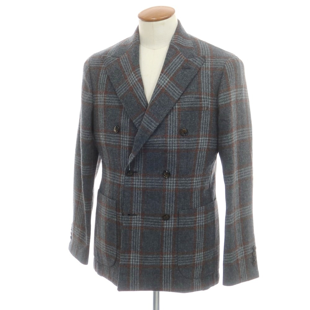 【新品】バルバ BARBA ウール チェック ダブル テーラードジャケット グレーxブラウン【サイズ48】【A/W】【状態ランクN】【メンズ】[EPD]