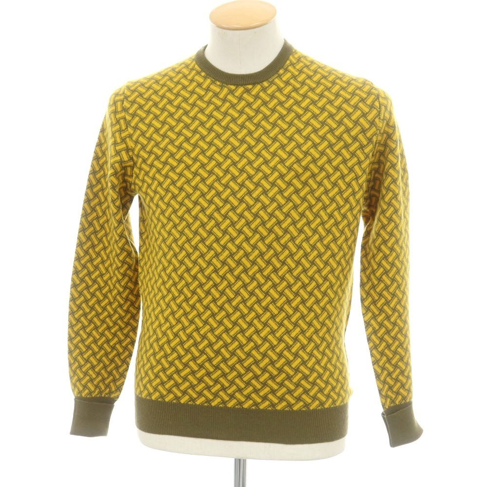【新品】ドルモア DRUMOHR カシミヤ ビスコッティ柄 クルーネック プルオーバーニット カーキオリーブ系xイエロー【サイズ44】【A/W】【状態ランクN】【メンズ】[EPD]