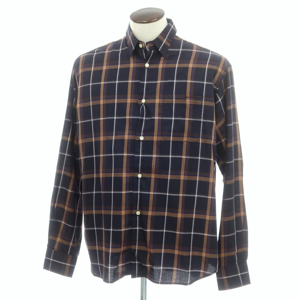 【中古】オンブレニーニョ Hombre Nino コットン チェック レギュラーカラー カジュアルシャツ ダークネイビーxライトブラウン【サイズL】【S/S/A/W】【状態ランクB】【メンズ】