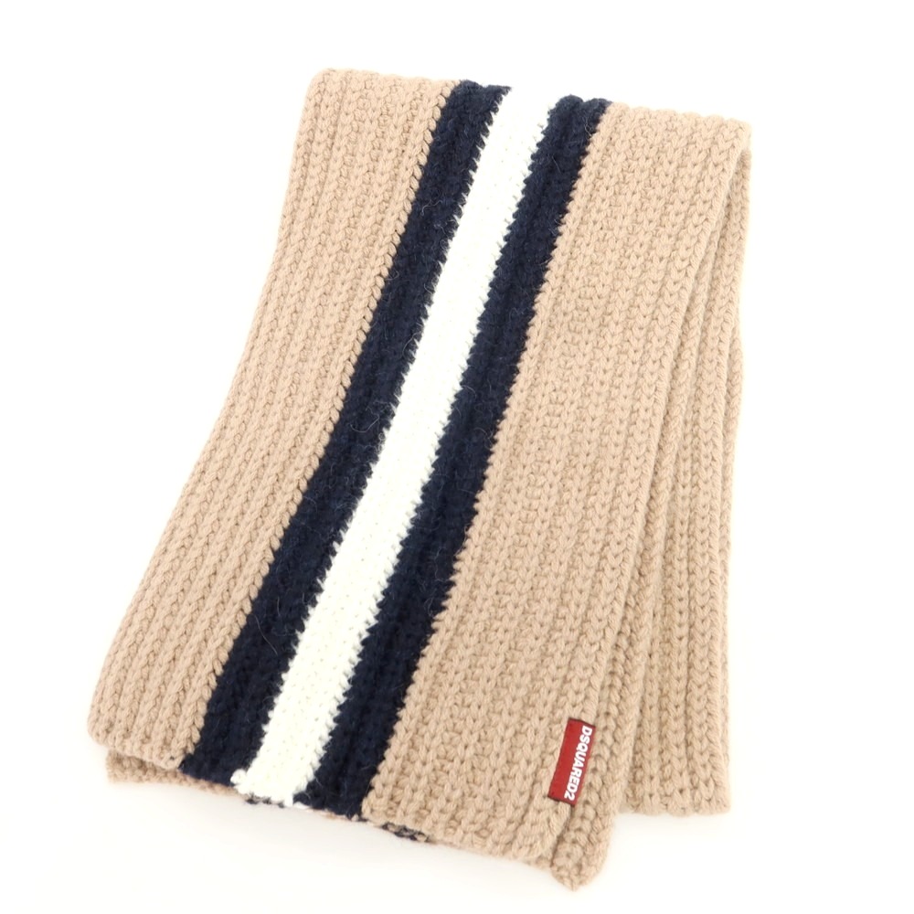 【新品】ディースクエアード DSQUARED2 ローゲージニット マフラー ベージュxネイビー【A/W】【状態ランクN】【メンズ】[CPD]
