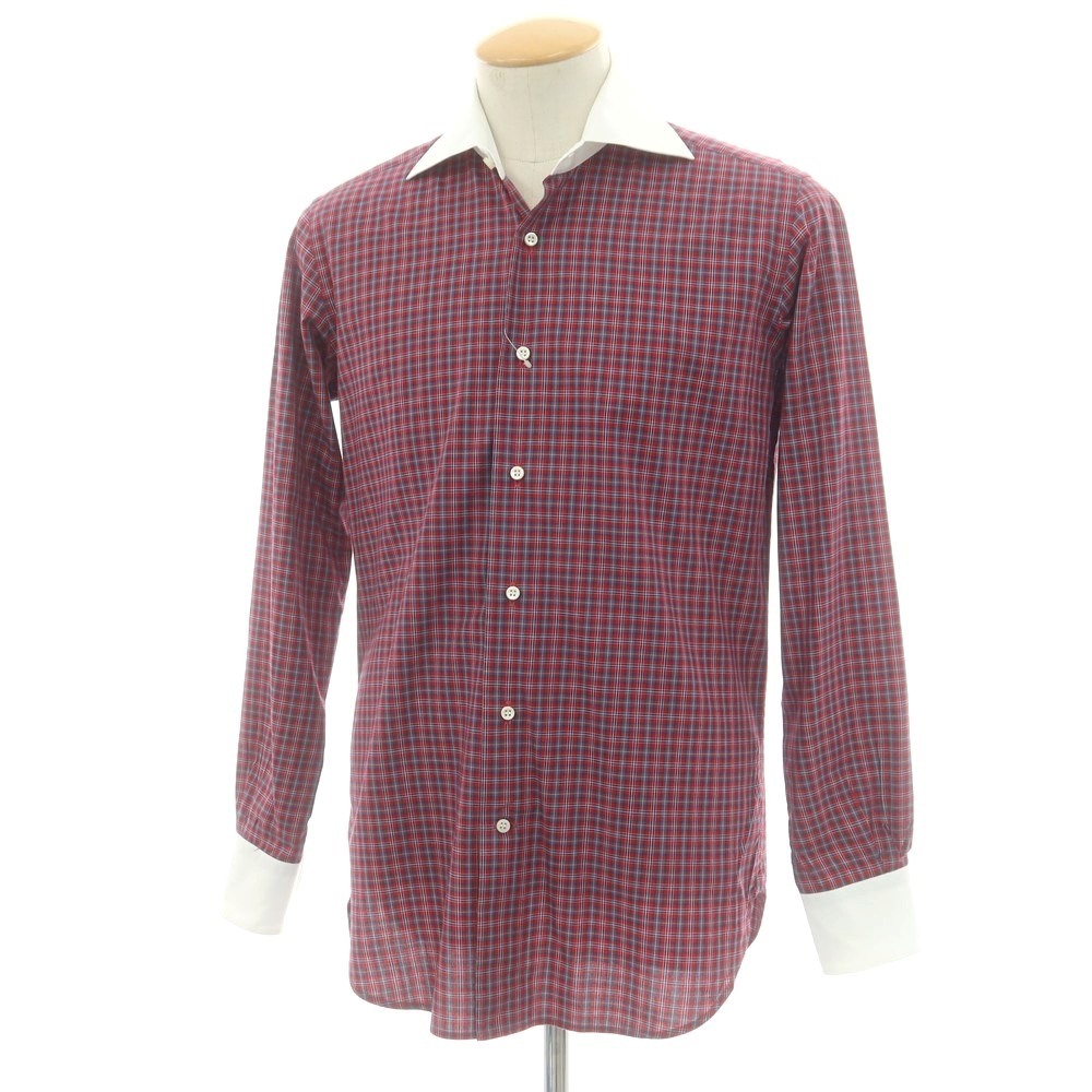 【中古】オリアン ORIAN コットン チェック ワイドカラー クレリック カジュアルシャツ レッドxグレー【サイズ38】【S/S/A/W】【状態ランクC】【メンズ】