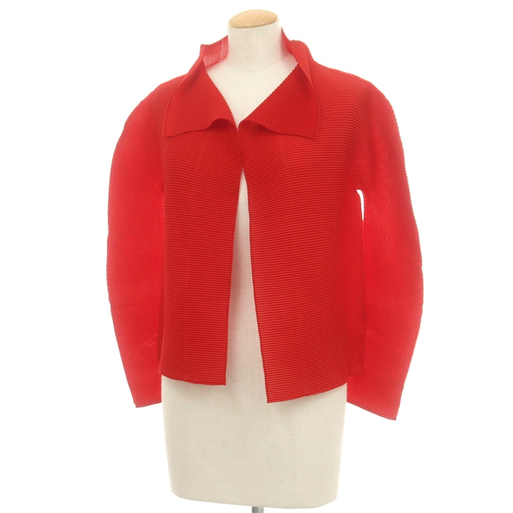 【中古】ミー イッセイミヤケ me ISSEY MIYAKE ポリエステル系 プリーツ カーディガン レッド【サイズ表記なし（M位）】【S/S】【状態ランクA】【レディース】[APD]