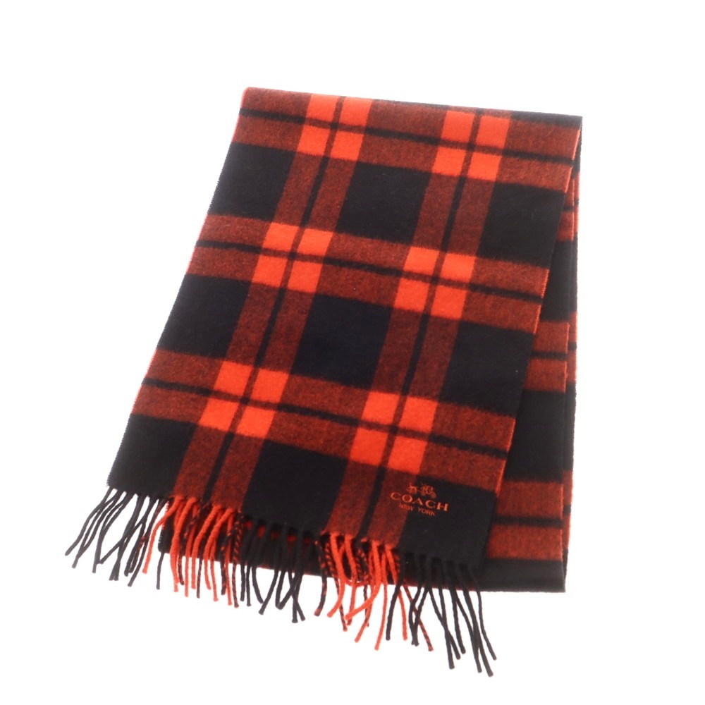 【中古】コーチ COACH ウールカシミヤ チェック マフラー オレンジxブラック【A/W】【状態ランクB】【メンズ】[CPD]