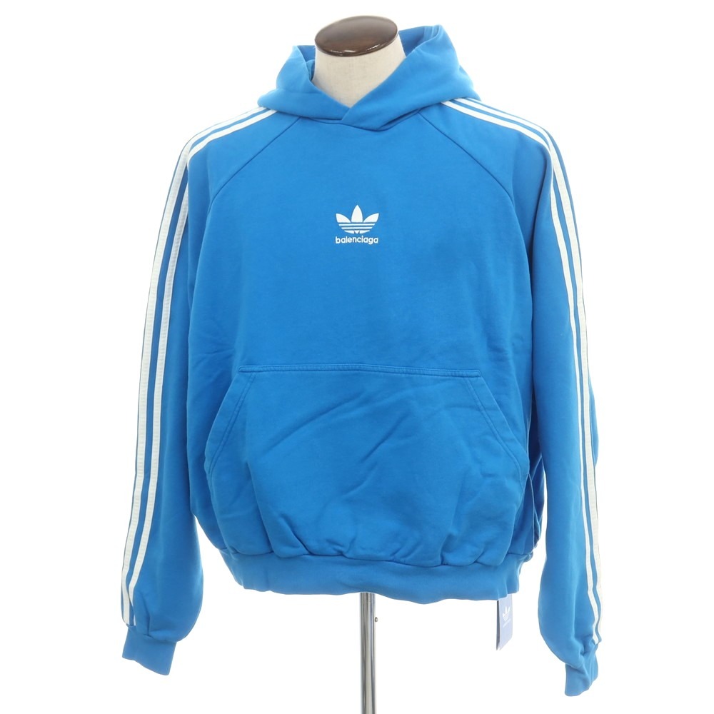 【中古】バレンシアガ BALENCIAGA × adidas コットン スウェット プルオーバー パーカー ライトブルー【サイズL】【S/S/A/W】【状態ランクA】【メンズ】[APD]