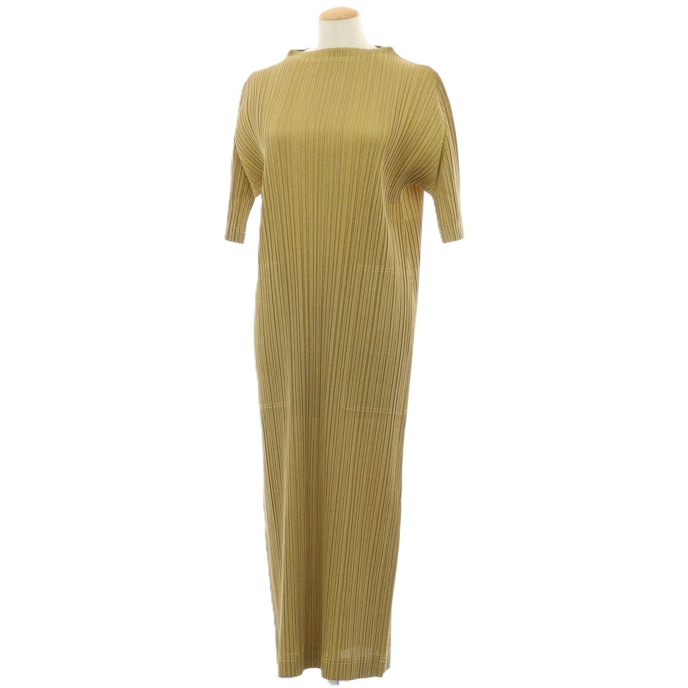 【中古】プリーツプリーズ PLEATS PLEASE 2025年秋冬 ポリエステル系 プリーツ 半袖 ロング ワンピース マスタード【サイズ表記なし（L位）】【S/S】【状態ランクA】【レディース】[APD]