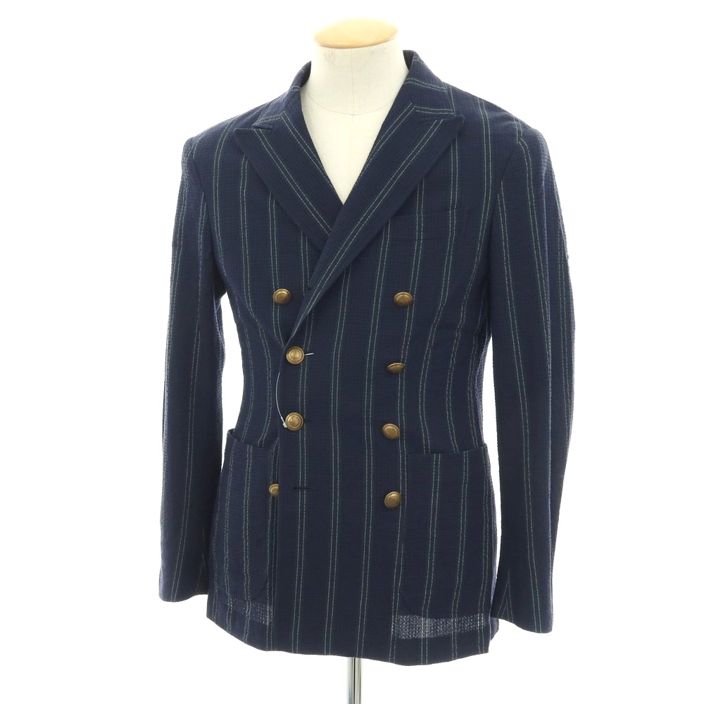 【中古】ザ ジジ THE GIGI ストレッチ コットン シアサッカー ストライプ ダブル8B カジュアルジャケット ネイビー【サイズ42】【S/S】【状態ランクC】【メンズ】[APD]