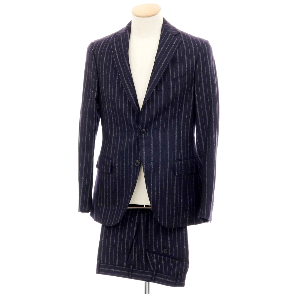 【中古】ベルベスト Belvest ウール ストライプ 3つボタンスーツ ダークネイビーxホワイト【サイズ44】【A/W】【状態ランクB】【メンズ】[APD]