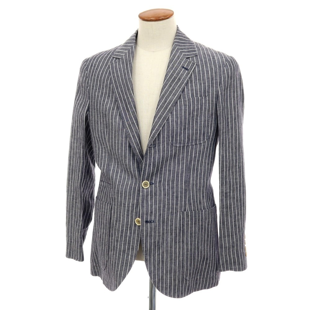 【新品】ブルネロクチネリ Brunello Cucinelli リネン ストライプ テーラードジャケット ネイビーxホワイト【サイズ46】【S/S】【状態ランクN】【メンズ】[BPD]