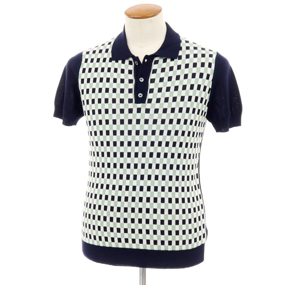 【新品】ザノーネ ZANONE ハイゲージ コットン 半袖 ポロニット ネイビーxミントグリーン【サイズ46】【S/S】【状態ランクN】【メンズ】