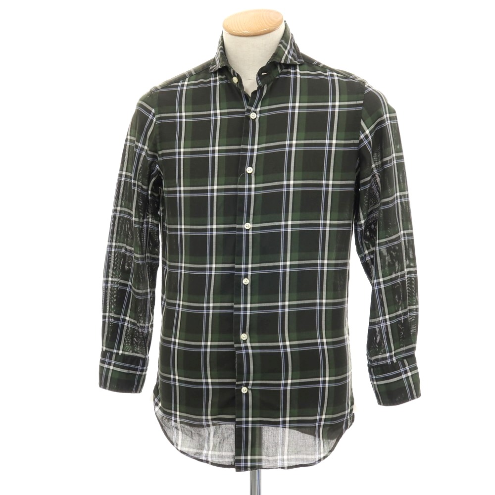 【中古】ギローバー GUY ROVER コットン チェック ホリゾンタルカラー カジュアルシャツ グリーン【サイズXS】【S/S/A/W】【状態ランクC】【メンズ】