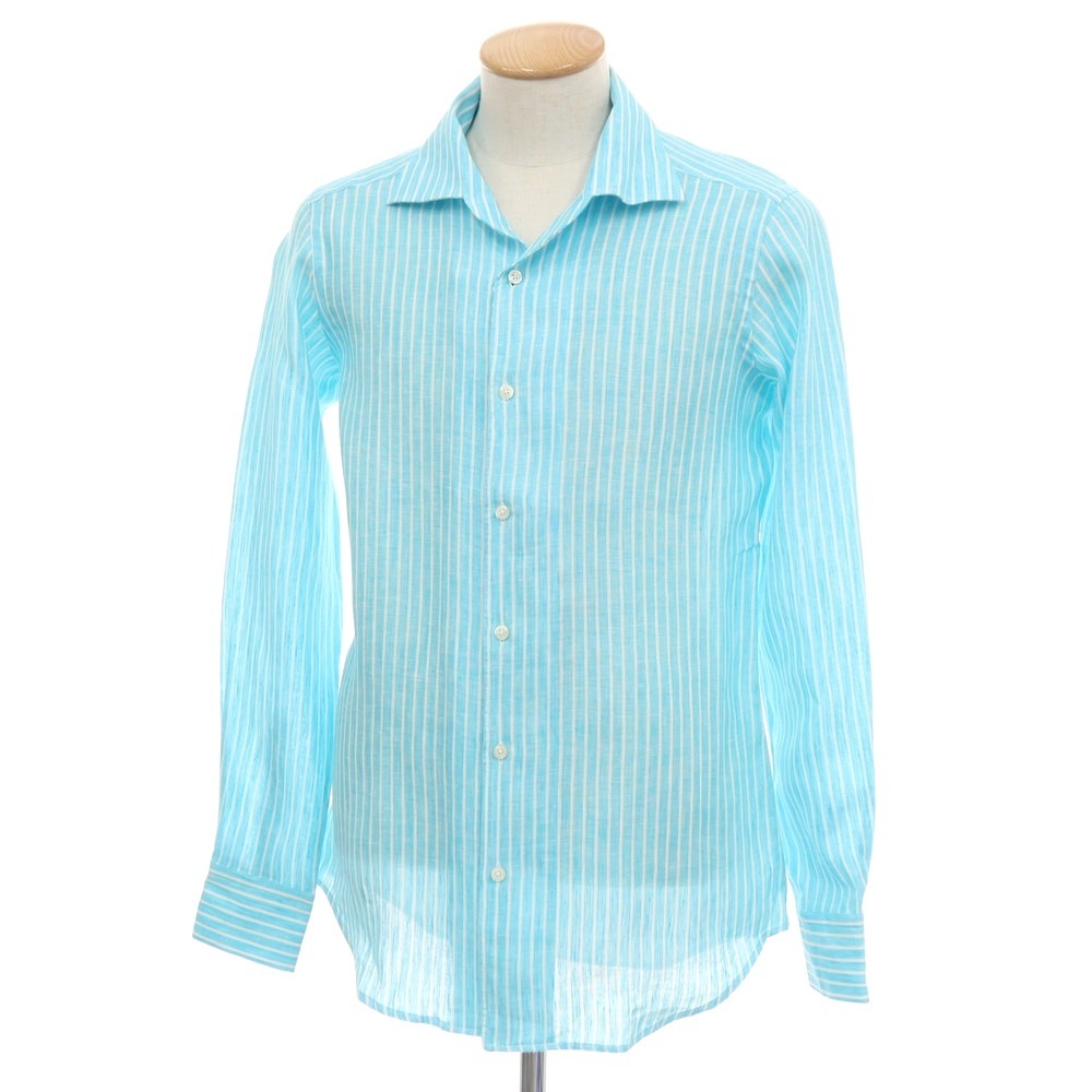 【新品】バグッタ Bagutta リネン ストライプ イタリアンカラー カジュアルシャツ ライトブルーxホワイト【サイズ38】【S/S】【状態ランクN】【メンズ】