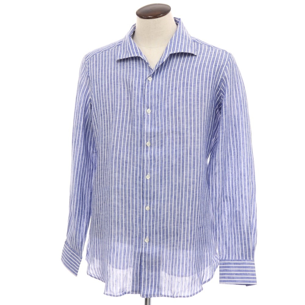 【新品】バグッタ Bagutta リネン ストライプ イタリアンカラー カジュアルシャツ ネイビーブルーxホワイト【サイズ44】【S/S】【状態ランクN】【メンズ】