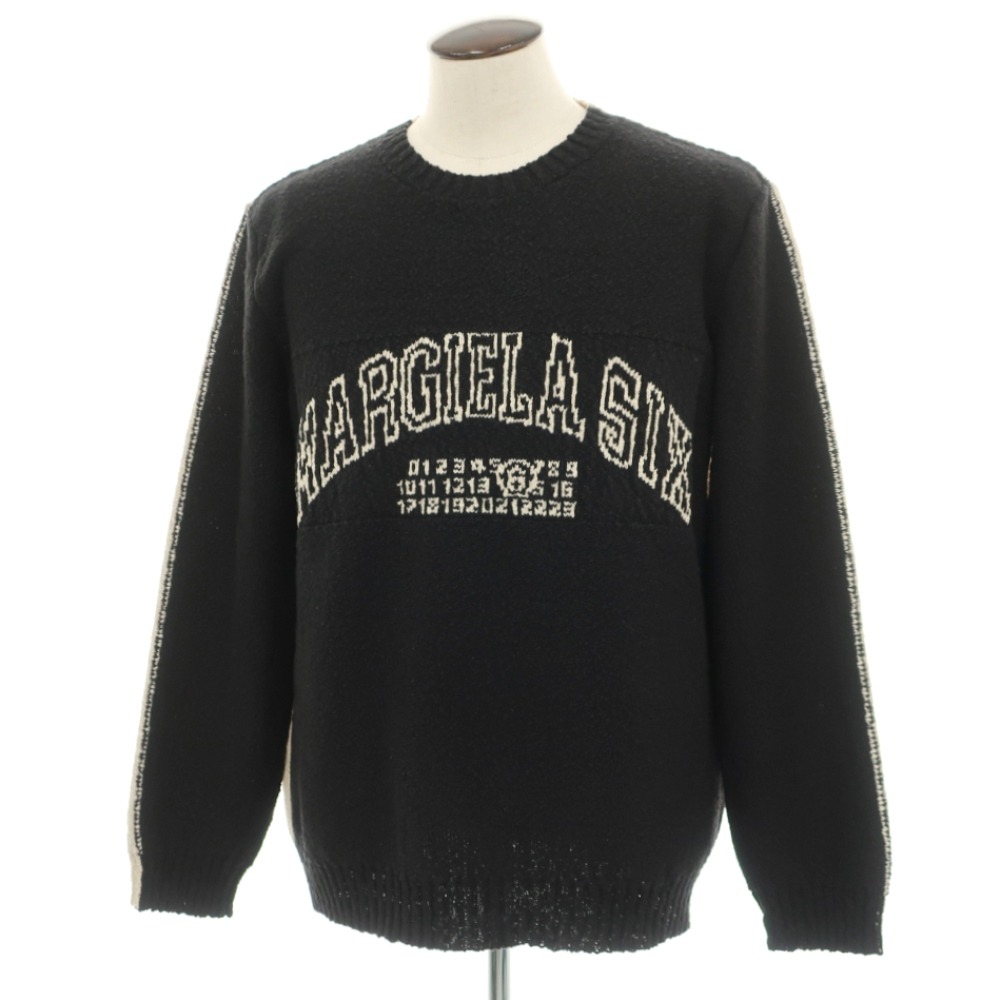 【新品】エムエムシックス MM6 コットンリネン クルーネック プルオーバーニット ブラックxベージュ【サイズXL】【S/S】【状態ランクN】【メンズ】