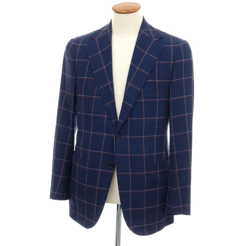 【中古】ソブリン SOVEREIGN ウールシルク3リネン チェック 3B テーラードジャケット ネイビーxレッド【サイズ46】【S/S】【状態ランクC】【メンズ】