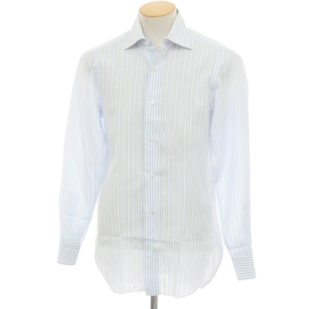 【中古】バルバ BARBA コットンリネン ストライプ セミワイドカラー ドレスシャツ ブルーxホワイト【サイズ38】【S/S/A/W】【状態ランクB】【メンズ】