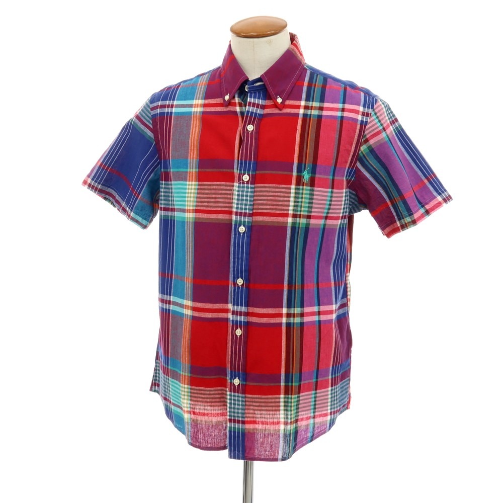 【中古】【未使用】ラルフローレン RALPH LAUREN コットン チェック ボタンダウン 半袖シャツ レッドxネイビー【サイズＭ】【S/S】【状態ランクS】【メンズ】