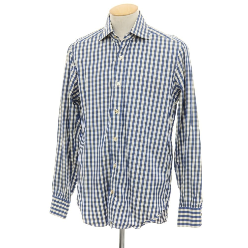 【中古】チリエッロ CIRIELLO コットン チェック ワイドカラー カジュアルシャツ ネイビーxカーキ【サイズ38】【S/S/A/W】【状態ランクB】【メンズ】