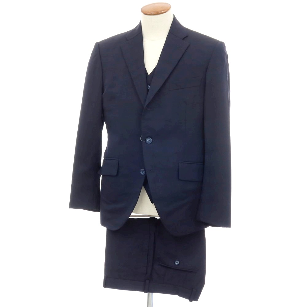【中古】アザブテーラー azabu tailor スリーピース ウール チェック 3つボタンスーツ ネイビー【サイズ上50/ジレ50/下88】【S/S/A/W】【状態ランクC】【メンズ】