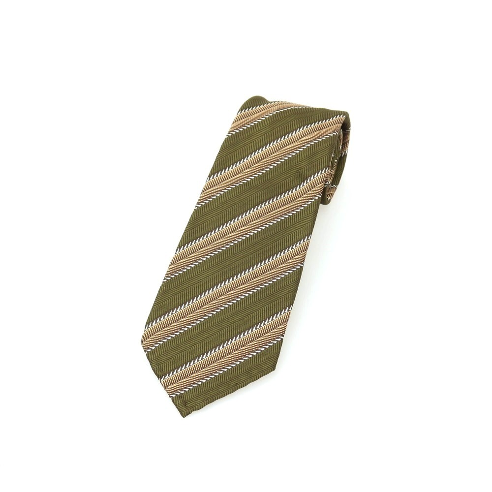 【新品】アットヴァンヌッチ Atto Vannucci 地絹 セッテピエゲ 縞模様柄タイ オリーブxベージュ【S/S/A/W】【物質の状態位置づけるN】【メンズ】