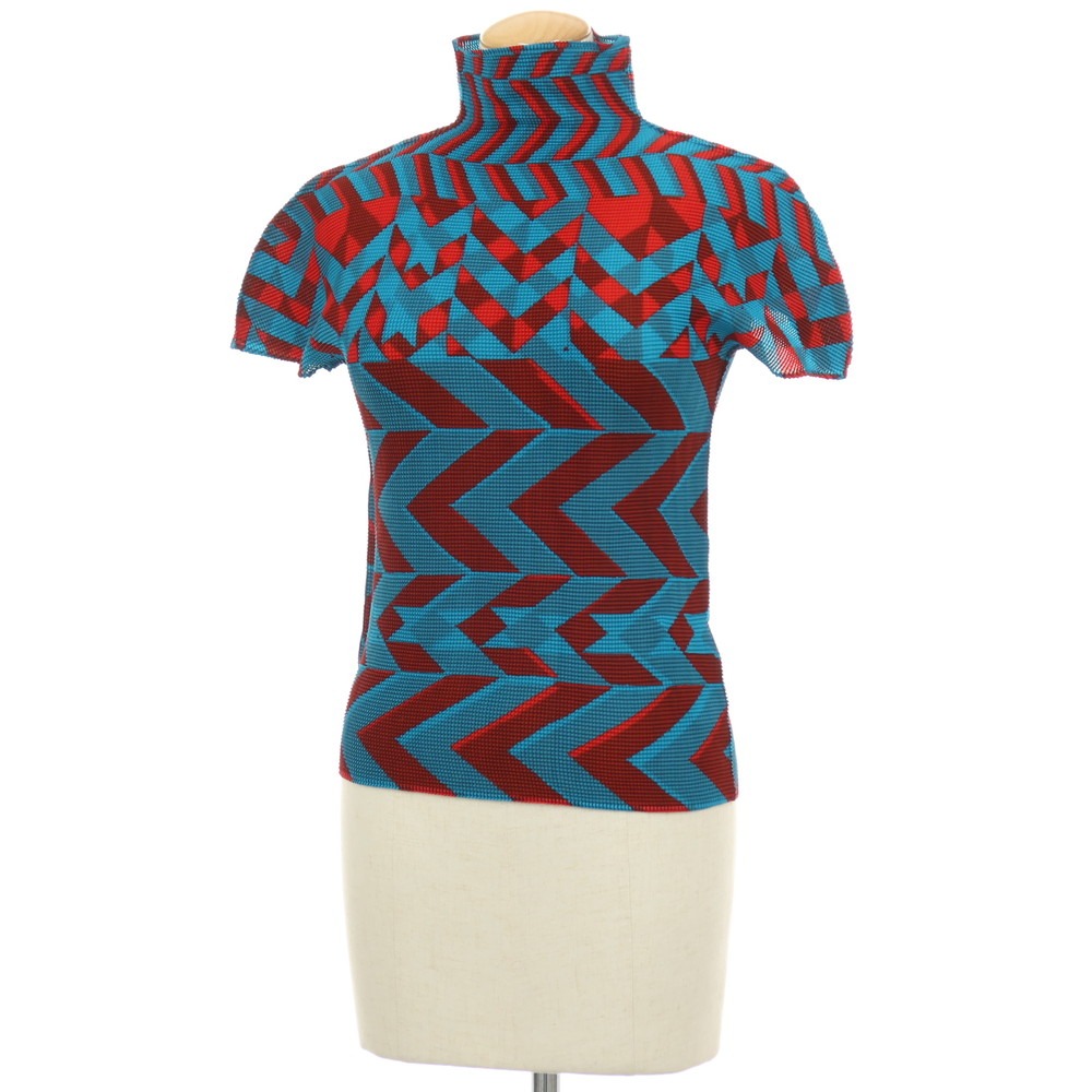 【中古】ミー イッセイミヤケ me ISSEY MIYAKE ポリエステル 伸ばすこと筋目 ハイネック 半袖カットソー・ブラウス 青色x赤いこと【大きさ－】【S/S】【物質の状態価値づけるB】【レディース】