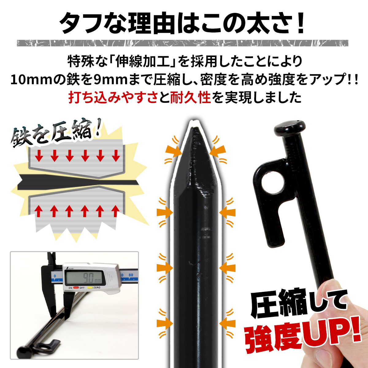 ペグ 25cm 強靭 96本セット キャンプ 伸線加工 安全キャップ付き 設営 テント レーザー溶接 スチールペグ タープ 防錆塗装