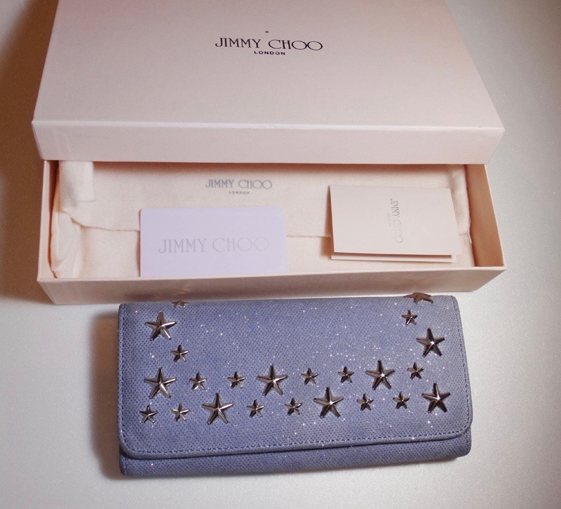 JIMMY CHOO ジミー チュウ メンズ 長財布 ブルーグレー レザー スタッズ レディース 二折り【中古】t-002｜レイライン