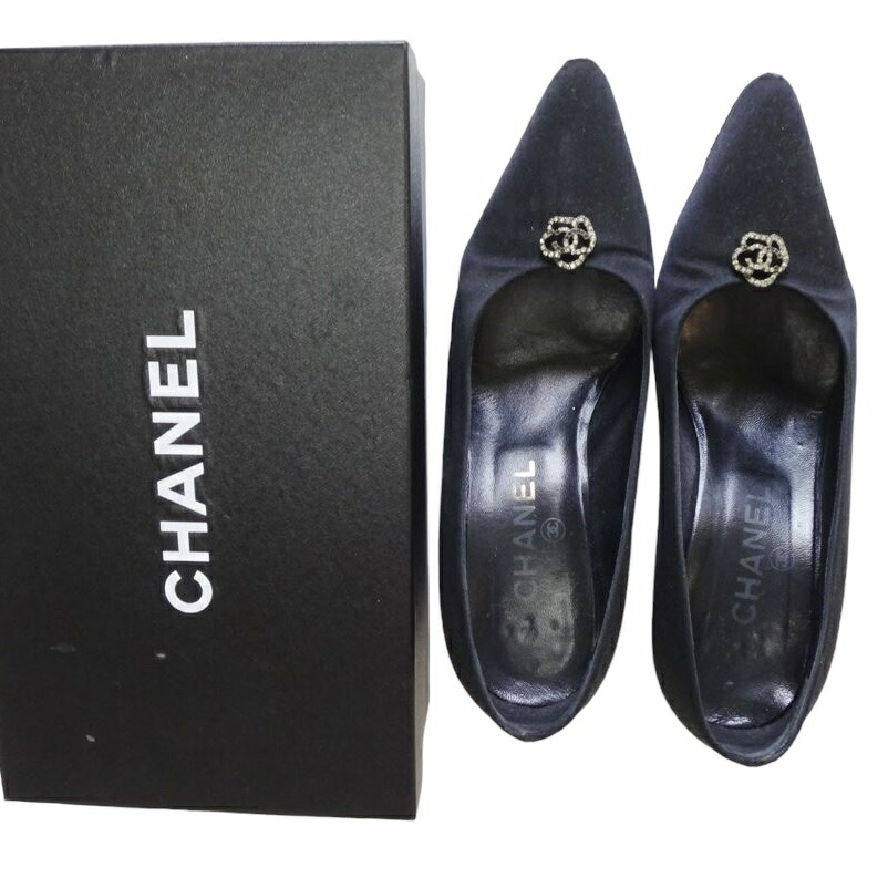 Vintage CHANEL USED シャネル レディース パンプス 37サイズ 黒 アーモンドトゥ ピンヒール 7cm ココマーク 冠婚葬祭 結婚式 入学式 卒業式 中古 c-005