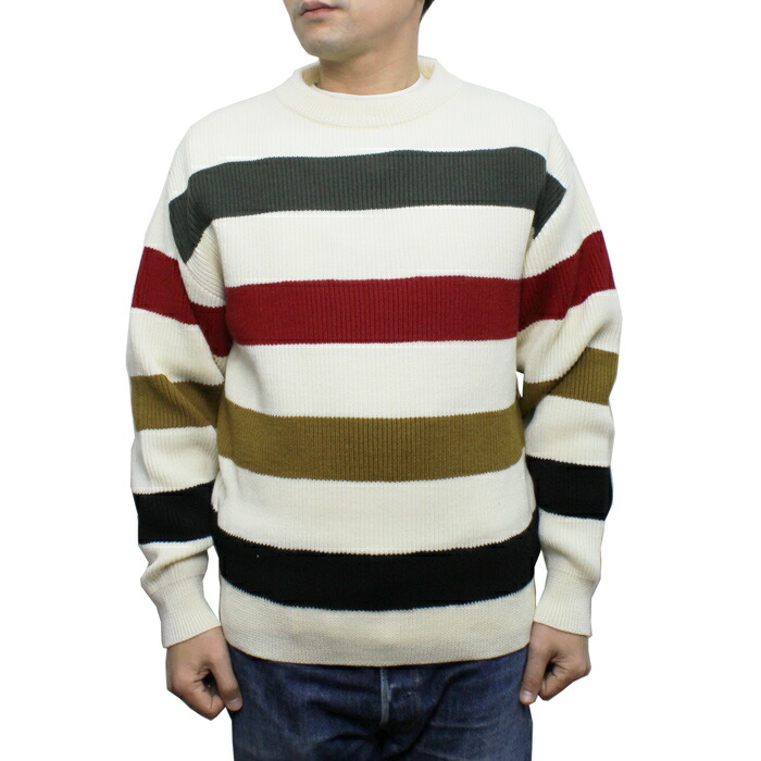 【貨物輸送無料】 Vincent et Mireille LOOSE FIT STRIPE SWEATER 8ゲージ 畦編み ルーズフィット 縞模様スウェーター WOOL 絨毛 MENS メンズ LADIES レディース WINTER 冬物 日本製 HUDSON BAY 白いこと 40-42 ニット・セーター-トップス