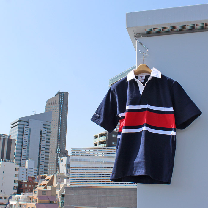 BARBARIAN "NEW JAPAN SIZE SPEC"　24SS-05 8oz REGULER SHORT SLEEVE RUGBY JERSEY ラガーシャツ 襟付き メンズ 半袖 ライトウエイト カナダ製　NAVY/WHITE/RED　S-XL　正規代理店商品　送料無料！｜REDWOOD
