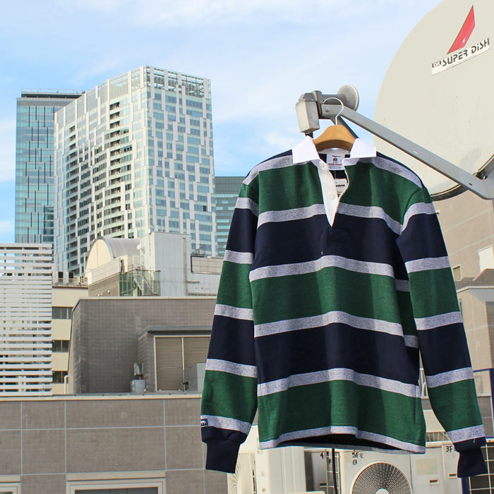 BARBARIAN "NEW JAPAN SIZE SPEC"　WFS-03 12oz REGULER LONG SLEEVE RUGBY JERSEY ラガーシャツ 襟付き メンズ 長袖 ヘビーウエイト SOLID ソリッド ボーダー 秋物 冬物 WINTER カナダ製　NAVY/WHITE/PINE　S-XL　正規代理店商品 送料無料！｜REDWOOD