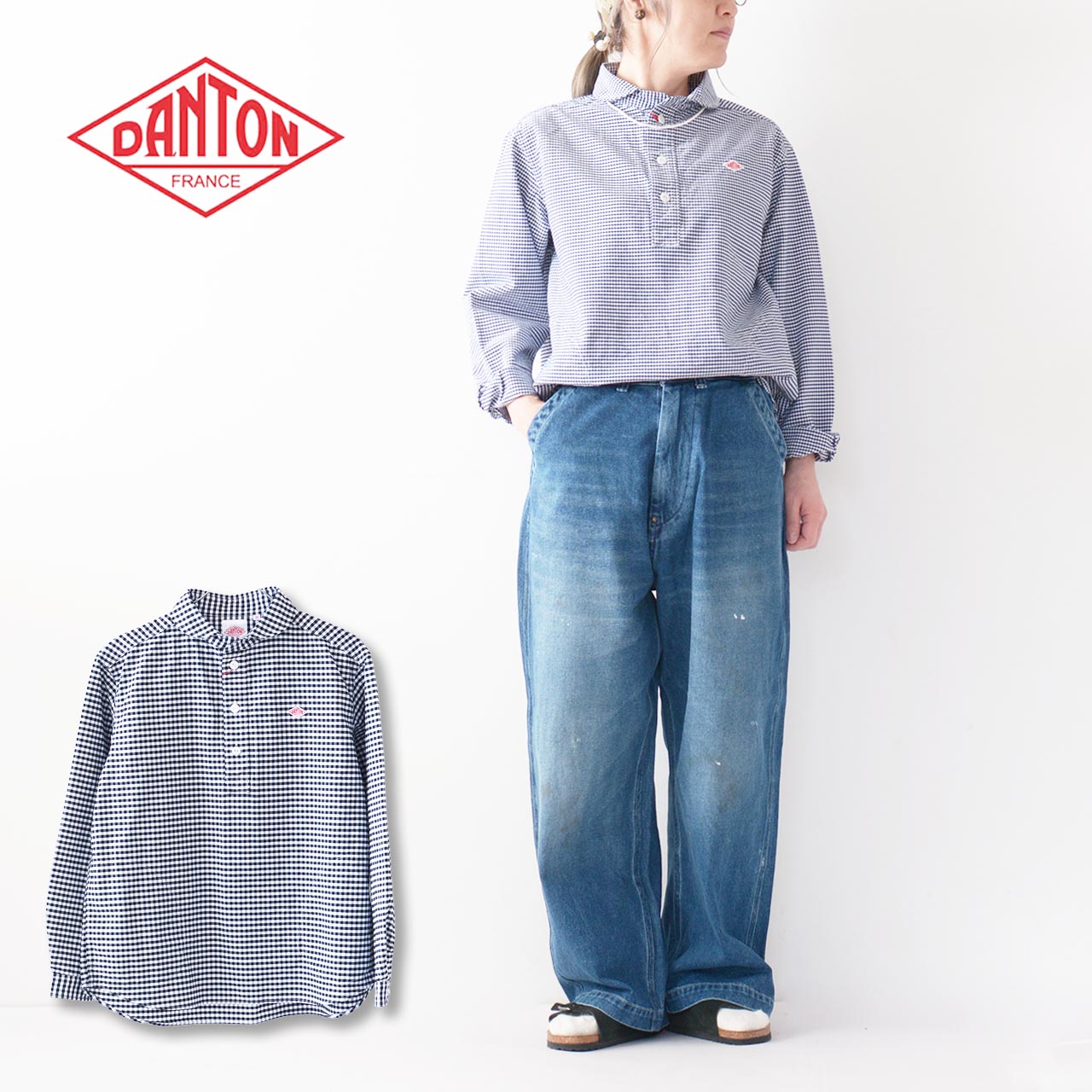 DANTON [ダントン] W OXFORD ROUND COLLAR PULLOVER SHIRT PATTERN [DT-B0281OXP] オクスフォードラウンドカラープルオーバーシャツ・長袖シャツ・コットンシャツ・チェックシャツ・ギンガムチェック・丸襟・LADY\u0027S [2026SS]